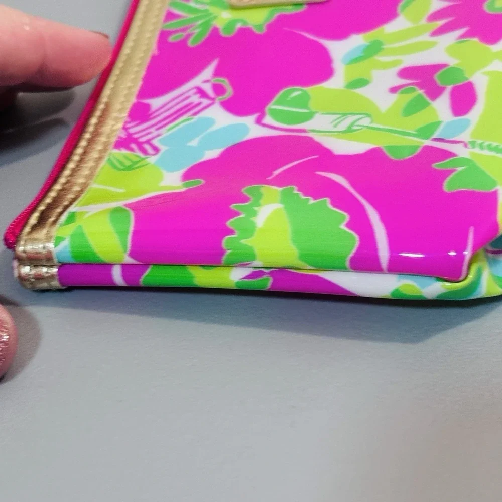 Lilly Pulitzer Green Pink Blue Vinyl Zip Top Cosmetic Case Bag Storage Pretty